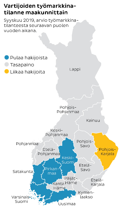 Syyskuussa 2019 Keski-Suomen-, Pirkanmaa-, Satakunnan-, Uudenmaan ja Varsinais-Suomen maakunnissa oli pula vartijoista. Ainoastaan Pohjois-Karjalassa alalla oli ylitarjontaa. Muualla Suomessa markkinat olivat tasapainossa. Lähteet: PAM, Tilastokeskus